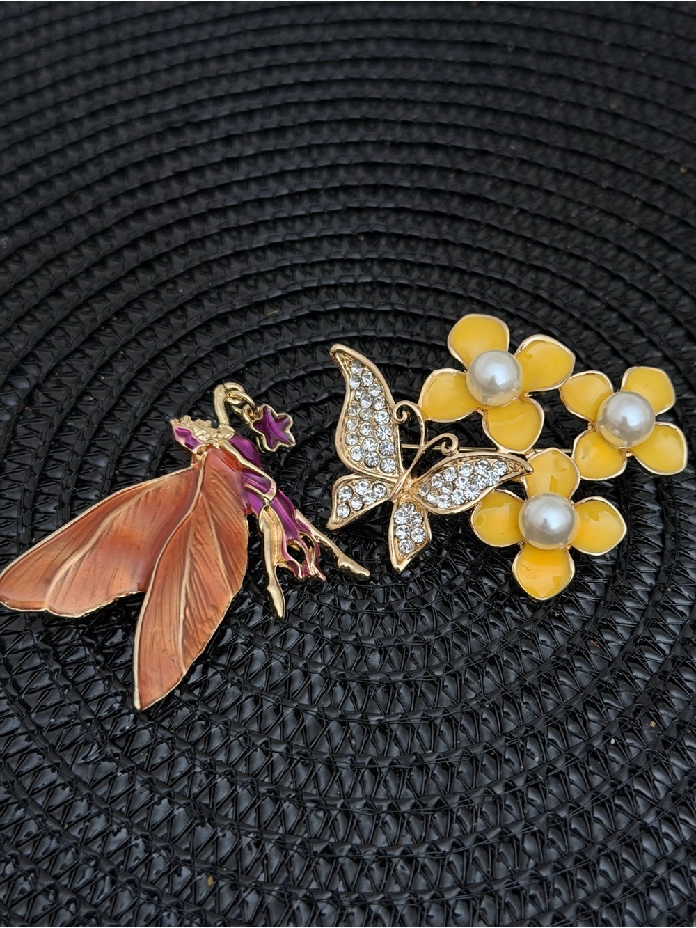 Yellow Floral Pearl Butterfly & Fairy Butterfly Brooch Set - Women's Jewelry